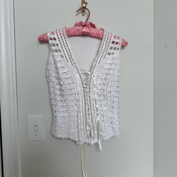 Vintage French White Crochet Lace-Up Women's Top sequins mermaid Fairycore M - Picture 3 of 7